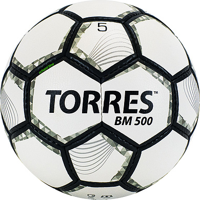 СЦ*Мяч футб. TORRES BM 500, F320635, р.5, 32 пан. PU, 4 подкл. слоя, руч. сшивка, бело-серо-серебр